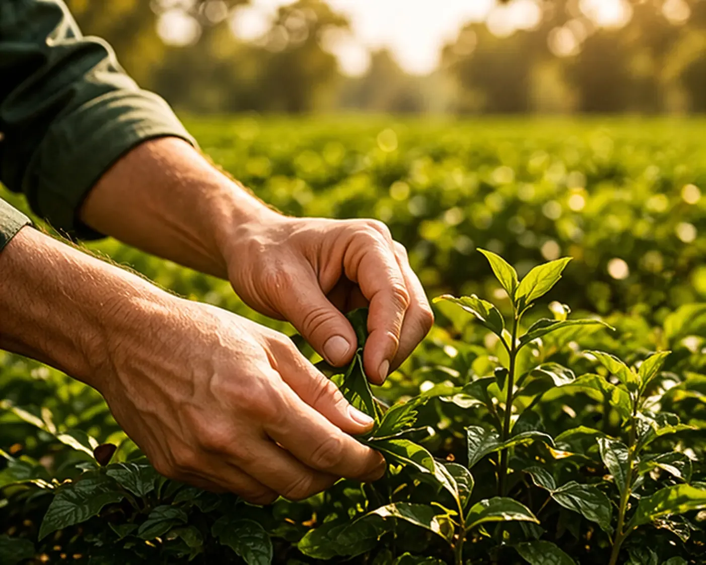 Tea leaves being carefully harvested
