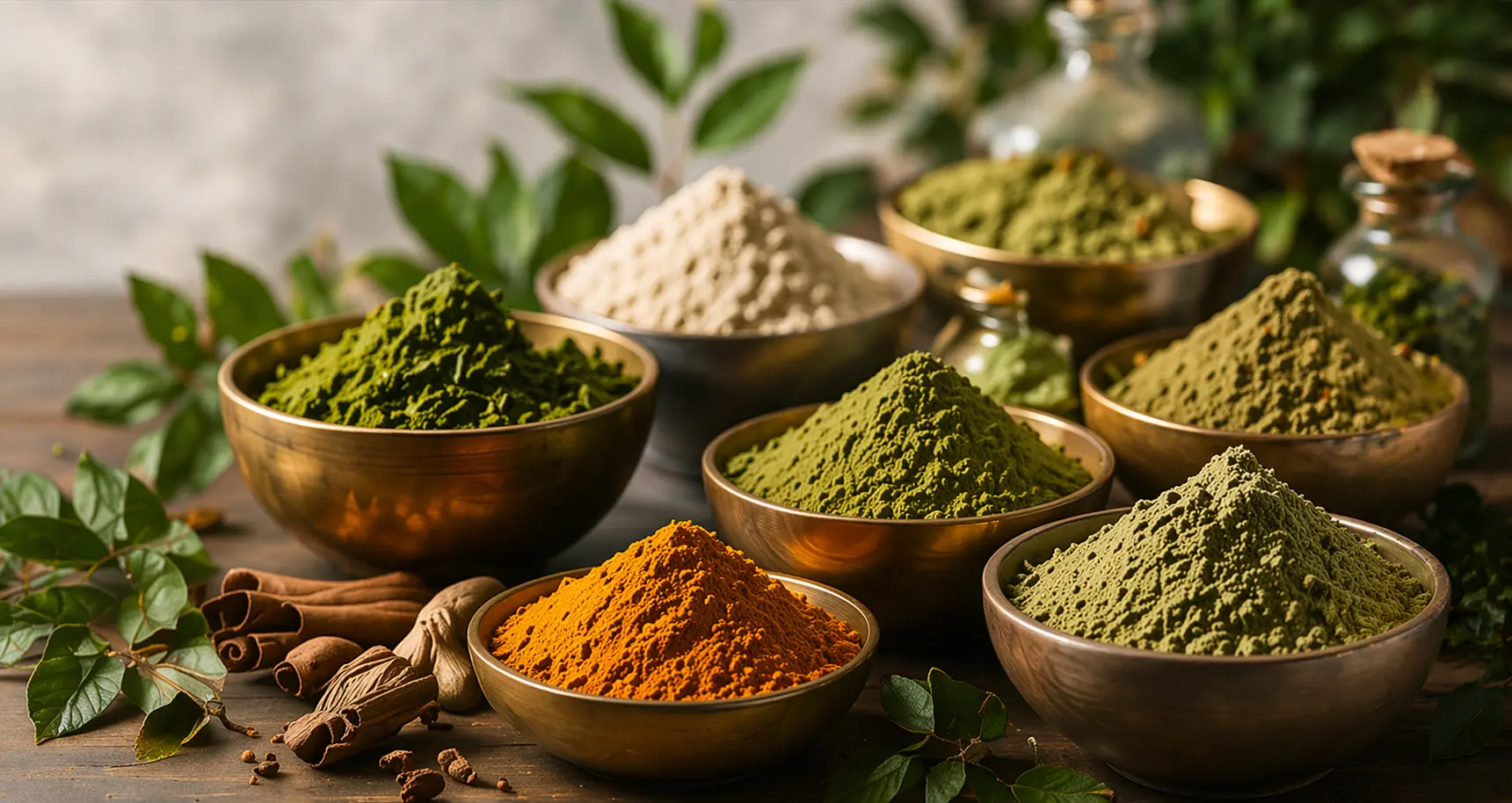 Premium herbal powders and spices in bowls
